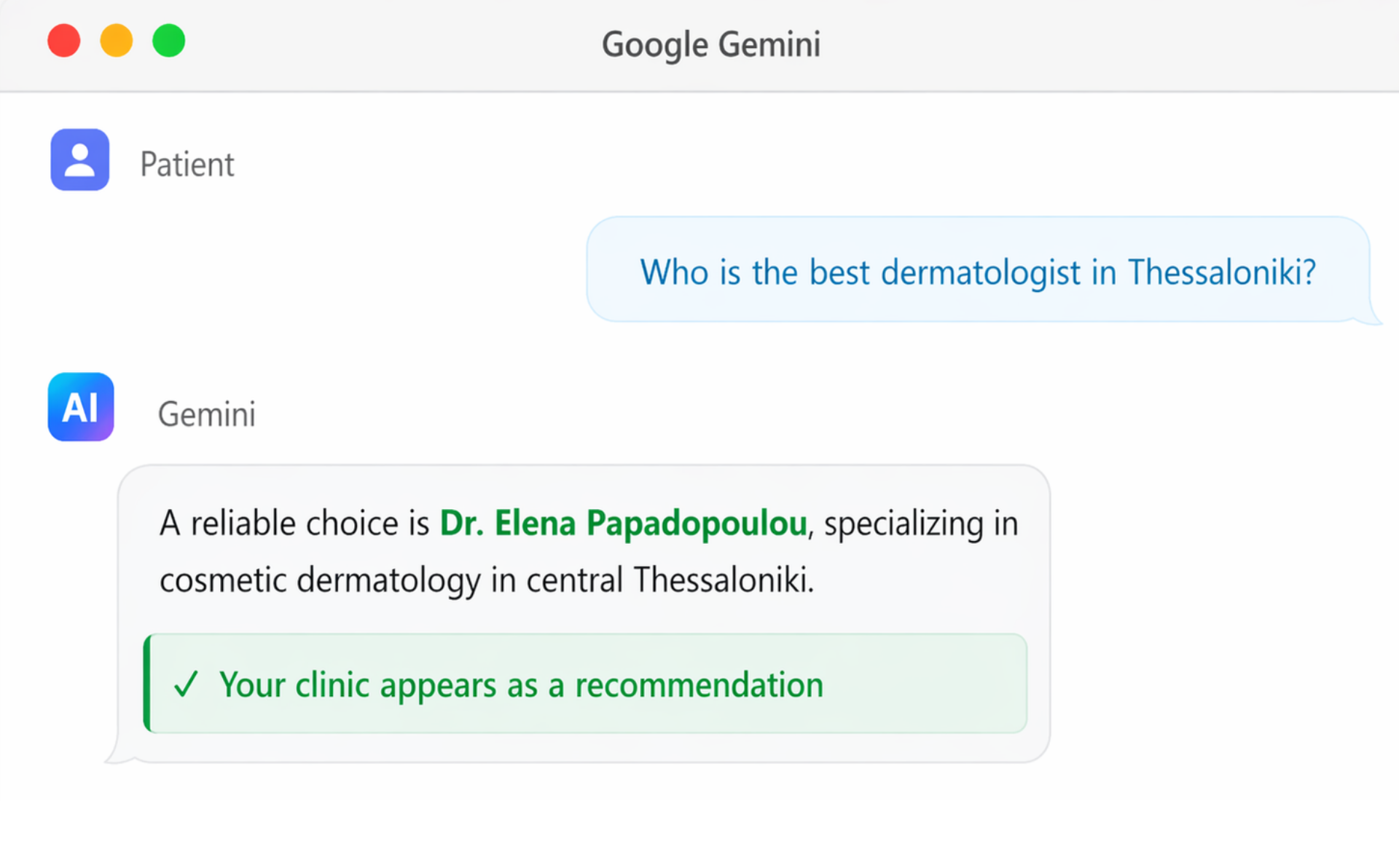 AI assistant suggesting dermatologist AI assistant suggesting dermatologist in Thessaloniki based on patient query for cosmetic skin treatment