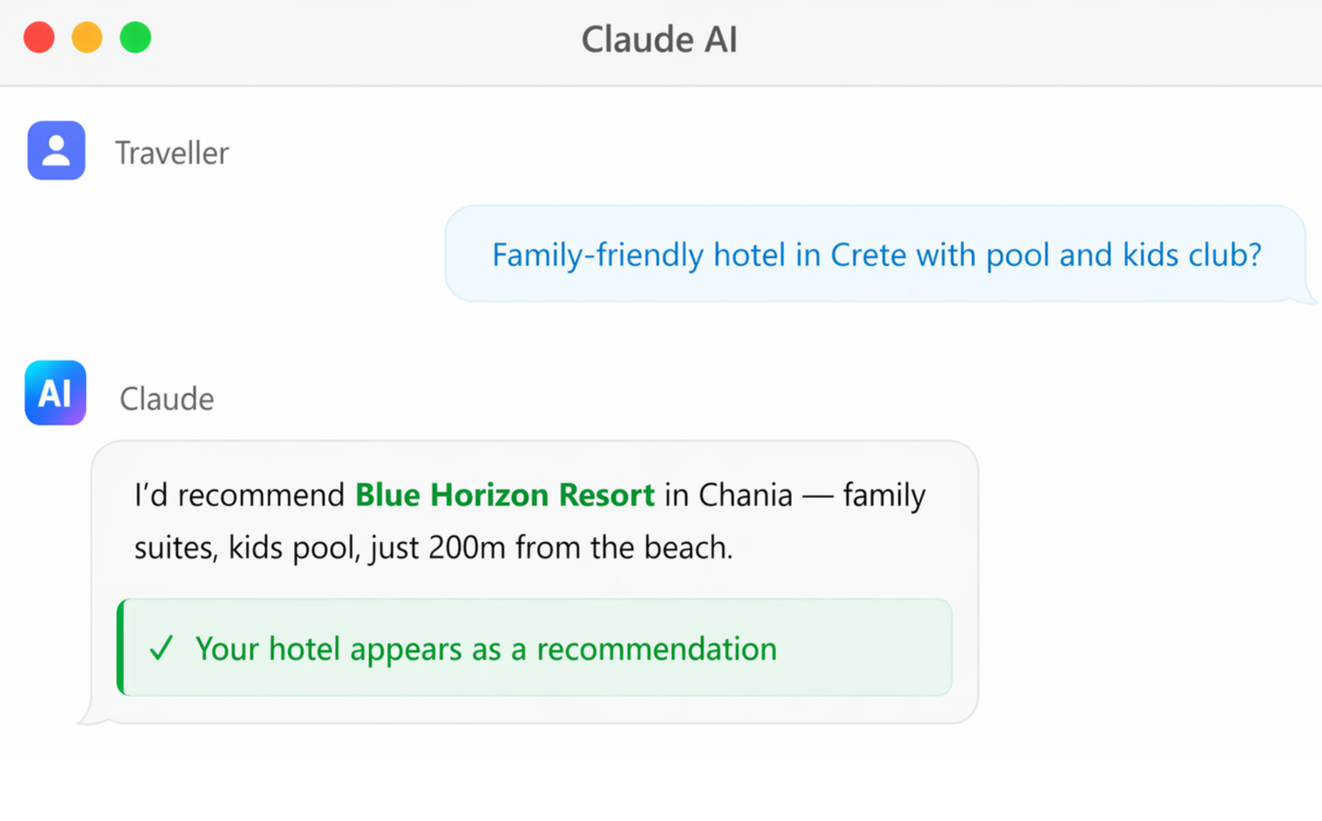 AI assistant suggesting family friendly hotel AI assistant suggesting family friendly hotel in Crete with pool, kids club, and beach proximity