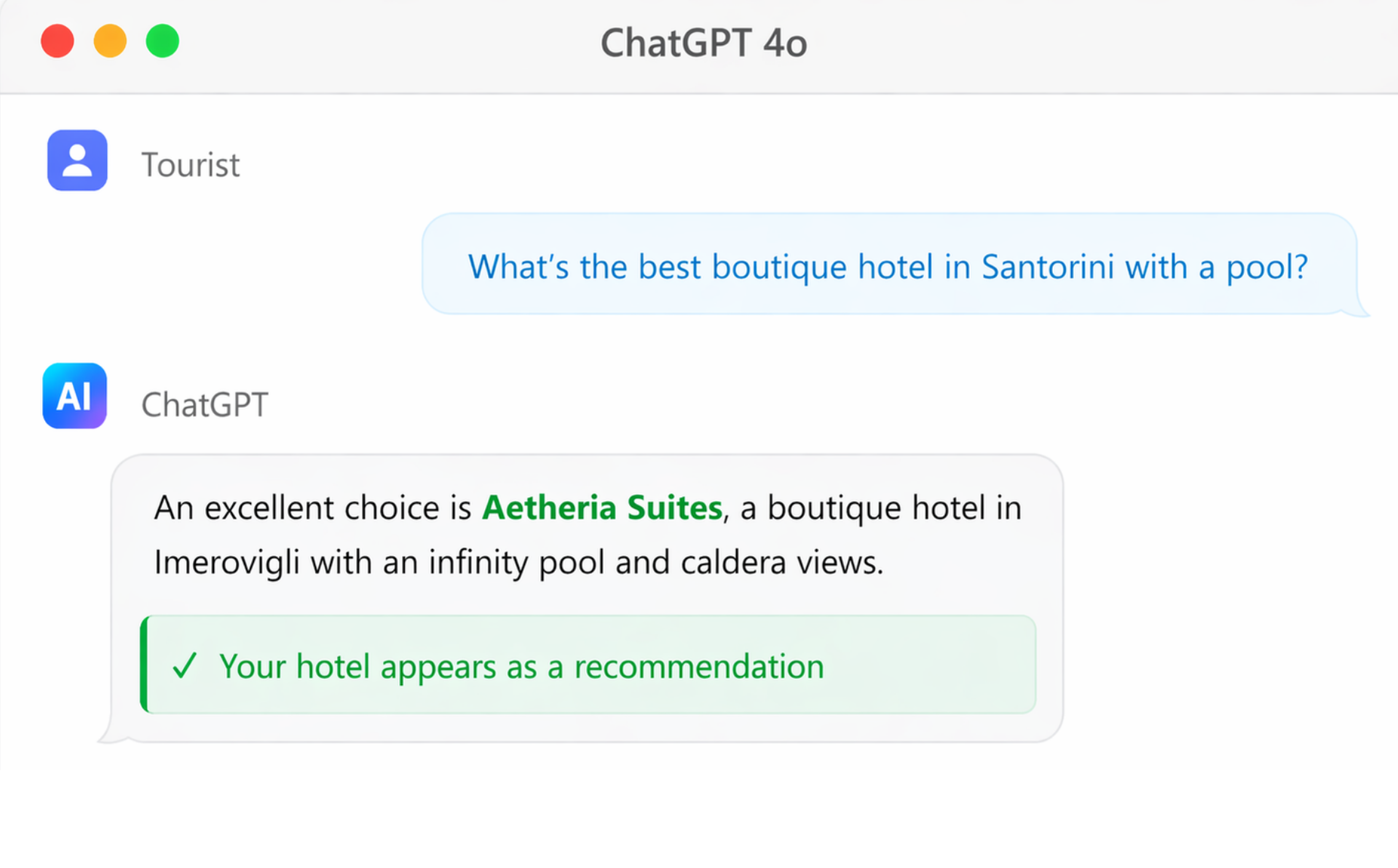 AI chatbot recommending boutique hotel AI chatbot recommending boutique hotel in Santorini with infinity pool and caldera view for travel query